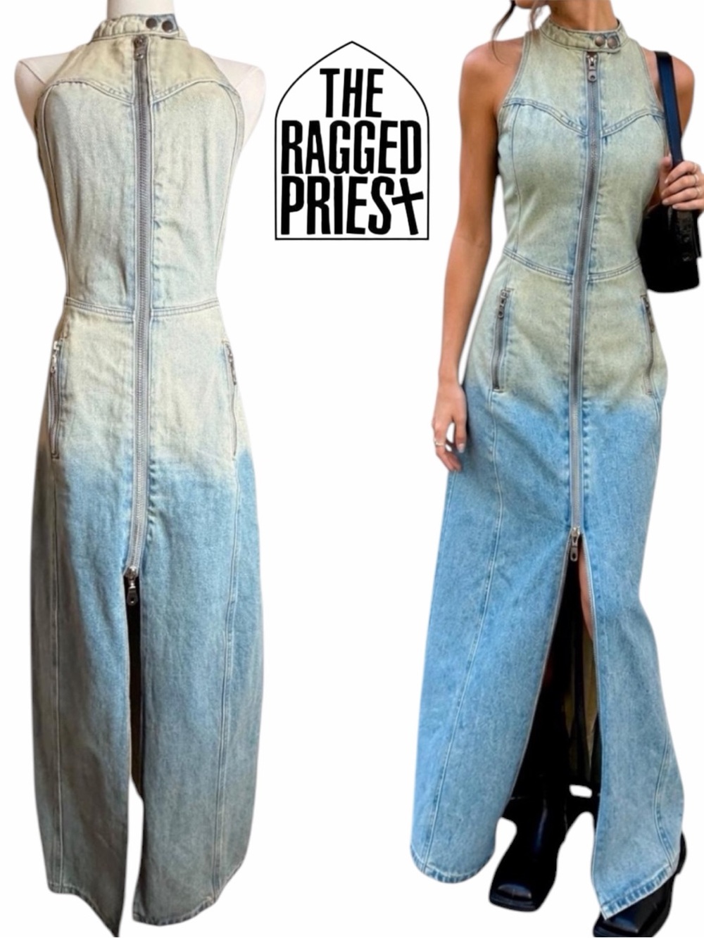 The Ragged Priest Motor Ombre Denim Maxi Dress Zip Front Blue‎ 6